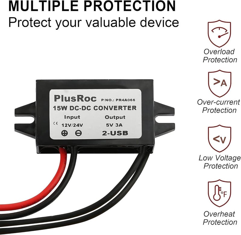 PlusRoc Waterproof 12V/24V to 5V Converter DC-DC Step Down Module Buck Converter Power Adapter (Dual USB Connectors with Dust Covers) - Image 4