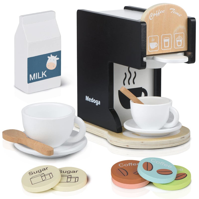medoga Play Kitchen Accessories Kids Wooden Coffee Maker Toy Espresso Machine Toddler Toy Kitchen Sets for Girls and Boys (Coffee Maker) (Black) - Image 1