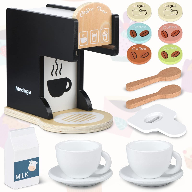 medoga Play Kitchen Accessories Kids Wooden Coffee Maker Toy Espresso Machine Toddler Toy Kitchen Sets for Girls and Boys (Coffee Maker) (Black) - Image 2