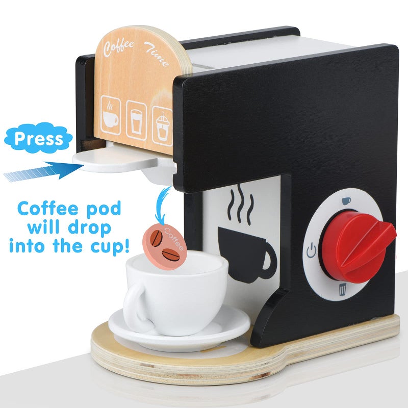 medoga Play Kitchen Accessories Kids Wooden Coffee Maker Toy Espresso Machine Toddler Toy Kitchen Sets for Girls and Boys (Coffee Maker) (Black) - Image 3