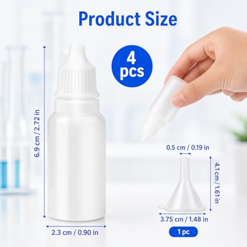 Notoke 5 PCS (4 Bottles + 1 Funnel) 15ml (0.5oz) Small Plastic Dropper Bottles - Empty, White Eye Liquid Dropper Bottles, Squeezable & Portable Travel Containers for Eye Drops, Refillable with Cap and Plug - Image 3