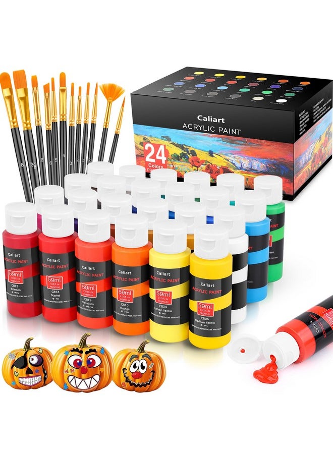 Caliart - Acrylic Paint Set With 12 Brushes, 24 Colors (59Ml, 2Oz) Art Craft Paints Gifts For Artists Kids Beginners & Painters, Halloween Pumpkin Canvas Ceramic Rock Painting Kit Art Supplies - Image 1