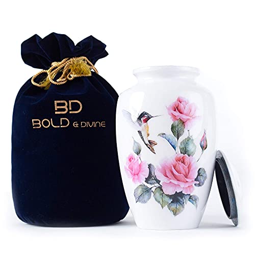 Bold Divine Hummingbird Printed Adult Cremation Urn Large 200 Cubic Inches Multicolor Human Ashes Adult Memorial urn Burial Funeral Cremation Urns with Beautiful Velvet Bag