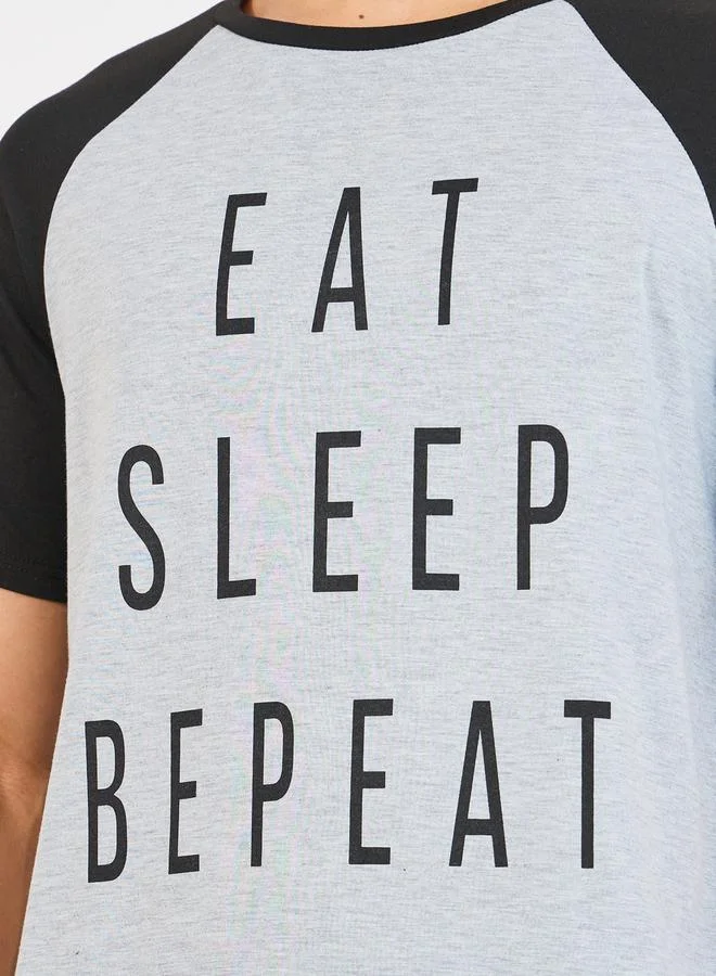 Styli Eat Sleep Repeat Print Crew Neck T-Shirt & Short Set