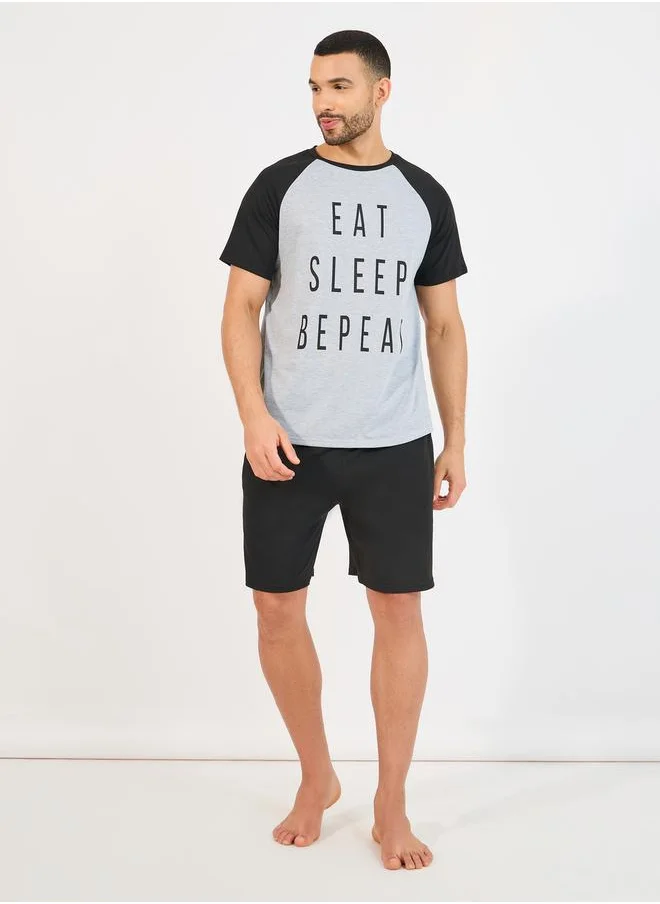 Styli Eat Sleep Repeat Print Crew Neck T-Shirt & Short Set