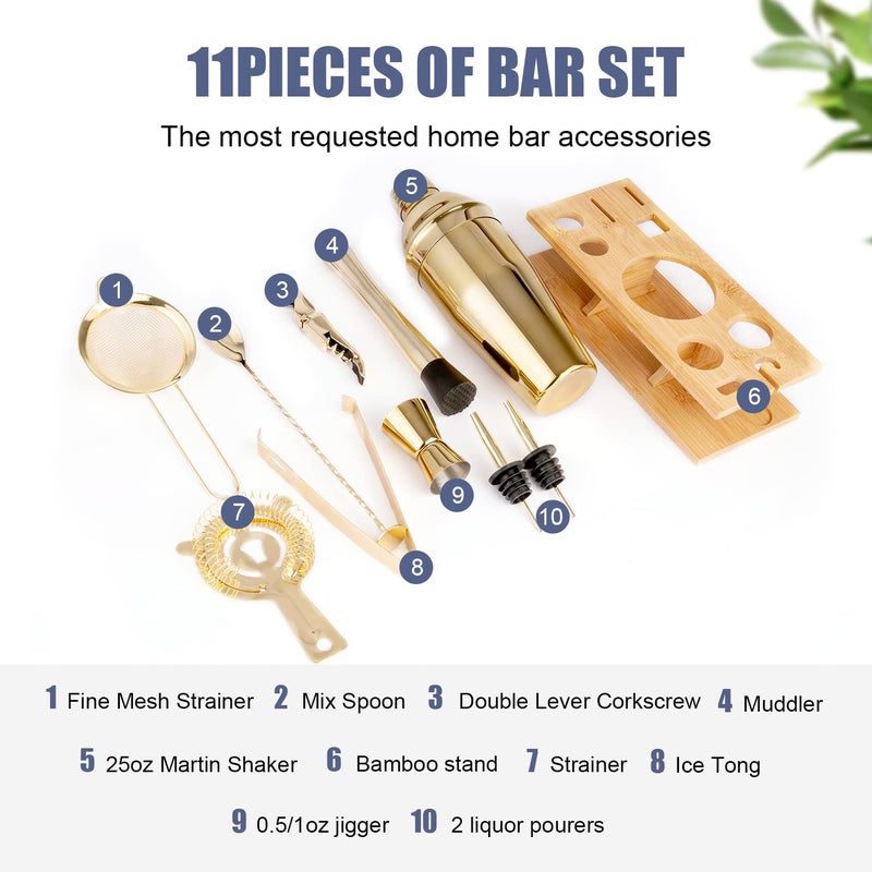 JNWINOG Shakers Bartending, 11Pcs-Cocktail Shaker Set Gold Drink Mixer with 25oz Martini Shaker,Muddler,Bar Spoon and More Professional for Home and Bartender.(Gold) - Image 2