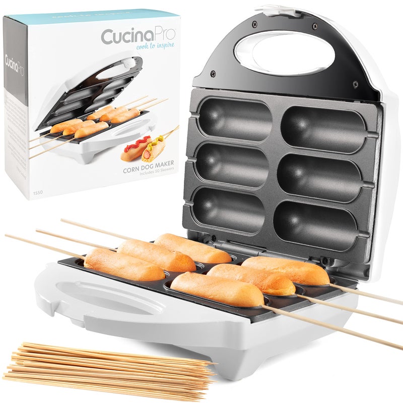 CucinaPro Corn Dog Maker- Perfect Hot Dogs on a Stick, Mozzarella Cheese Sticks, Cake Pops- Includes 50 Skewers & Recipes, Easy to Use Electric Nonstick Food Baker For Parties, Fryer for 6 Mini Treats, Fun Gift - Image 1