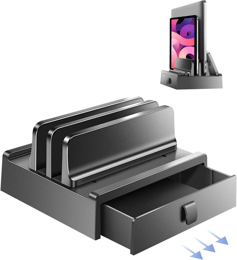 Exrp Vertical Laptop Stand with Drawer, Dual Slots Plastic Laptop Holder with Space Saving 4-in-1 Design, Adjustable Laptop Stand for Desk, Supports MacBook, Chromebook, Surface, Dell - Image 1