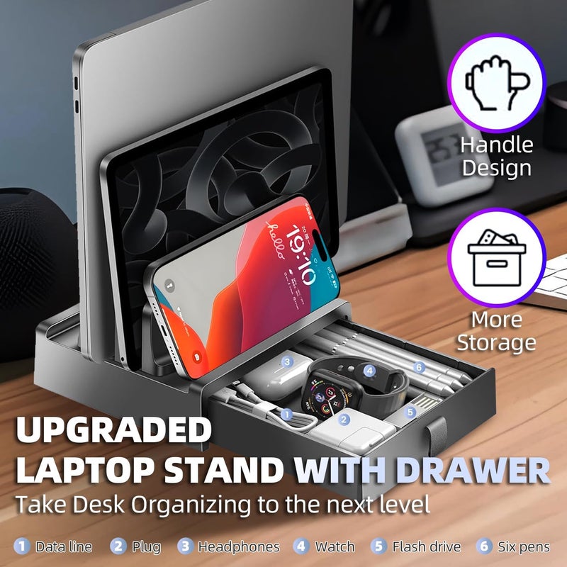 Exrp Vertical Laptop Stand with Drawer, Dual Slots Plastic Laptop Holder with Space Saving 4-in-1 Design, Adjustable Laptop Stand for Desk, Supports MacBook, Chromebook, Surface, Dell - Image 2