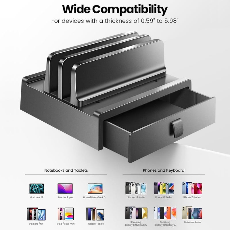 Exrp Vertical Laptop Stand with Drawer, Dual Slots Plastic Laptop Holder with Space Saving 4-in-1 Design, Adjustable Laptop Stand for Desk, Supports MacBook, Chromebook, Surface, Dell - Image 4