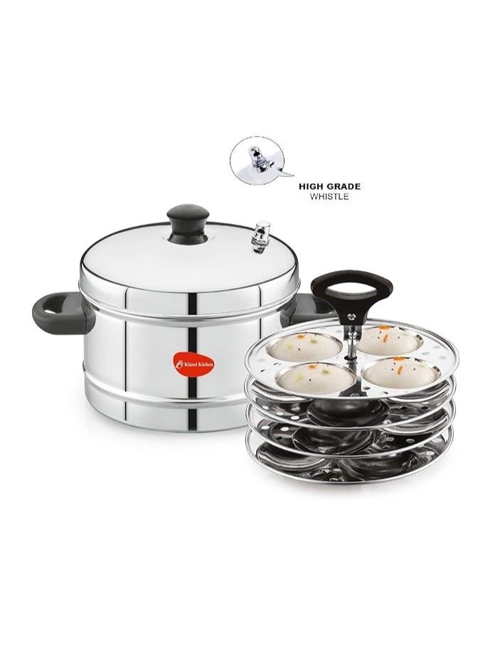 KLASSI KICHEN قدر طهي الإدلي من الفولاذ المقاوم للصدأ | قدر الإدلي متوافق مع مواقد الحث والغاز | صانع الإدلي من الفولاذ مع غطاء فضي - 4 أطباق (لـ 16 قطعة إدلي) - Image 1