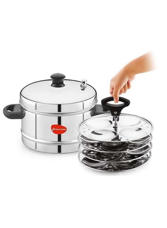 KLASSI KICHEN قدر طهي الإدلي من الفولاذ المقاوم للصدأ | قدر الإدلي متوافق مع مواقد الحث والغاز | صانع الإدلي من الفولاذ مع غطاء فضي - 4 أطباق (لـ 16 قطعة إدلي) - Image 3