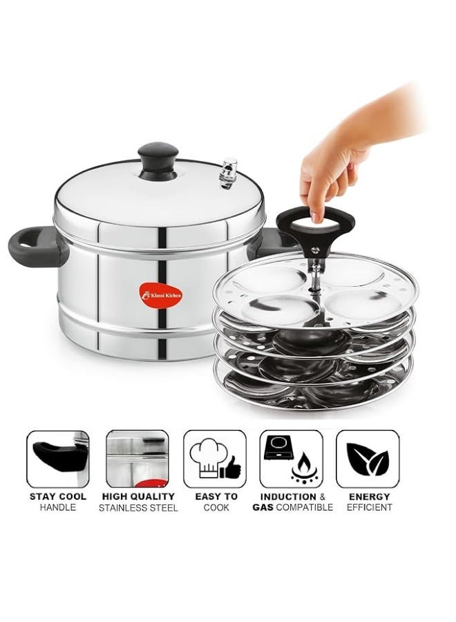 KLASSI KICHEN قدر طهي الإدلي من الفولاذ المقاوم للصدأ | قدر الإدلي متوافق مع مواقد الحث والغاز | صانع الإدلي من الفولاذ مع غطاء فضي - 4 أطباق (لـ 16 قطعة إدلي) - Image 2