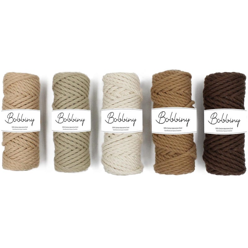 BOBBINY 3Ply Twisted Macrame Cotton Cord DoriEach Color 3Mm 20 MeterThread for Macrame Diy Other Projects_Light Brown Chiku Dark Brown Chocolate Off White 5 Roll - Image 1