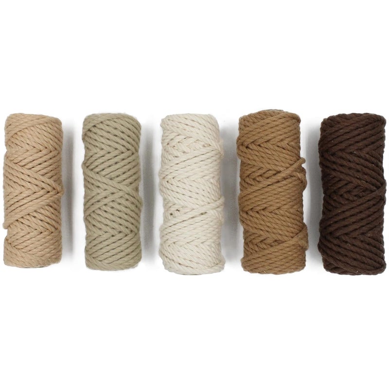 BOBBINY 3Ply Twisted Macrame Cotton Cord DoriEach Color 3Mm 20 MeterThread for Macrame Diy Other Projects_Light Brown Chiku Dark Brown Chocolate Off White 5 Roll - Image 2