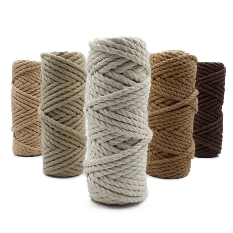BOBBINY 3Ply Twisted Macrame Cotton Cord DoriEach Color 3Mm 20 MeterThread for Macrame Diy Other Projects_Light Brown Chiku Dark Brown Chocolate Off White 5 Roll - Image 3