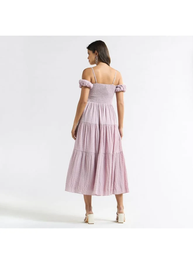 FAV Textured Midi A-line Dress with Cold Shoulder