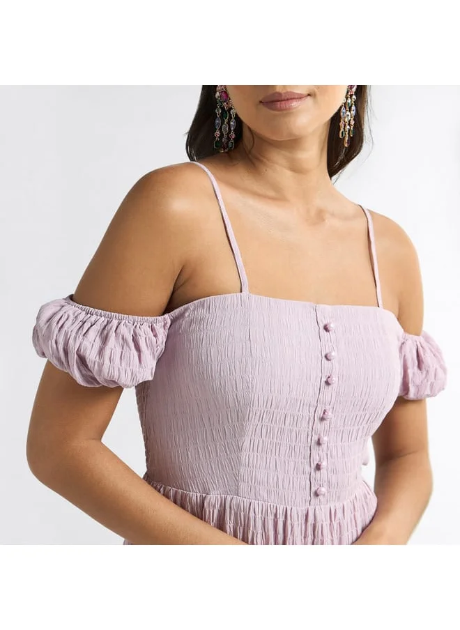 FAV Textured Midi A-line Dress with Cold Shoulder