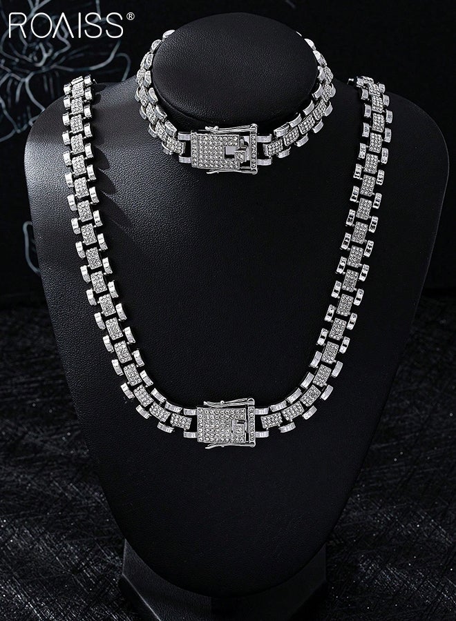 رويس طقم سوار وقلادة من قطعتين مرصعة بأحجار الراين، قلادة هيب هوب هندسية أنيقة مع سوار ساعة كوبي، مناسب للرجال للارتداء اليومي باللون الفضي - Image 2