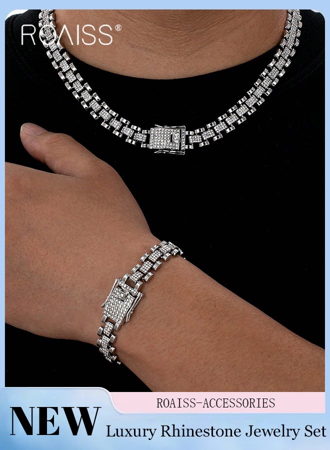رويس طقم سوار وقلادة من قطعتين مرصعة بأحجار الراين، قلادة هيب هوب هندسية أنيقة مع سوار ساعة كوبي، مناسب للرجال للارتداء اليومي باللون الفضي - Image 1