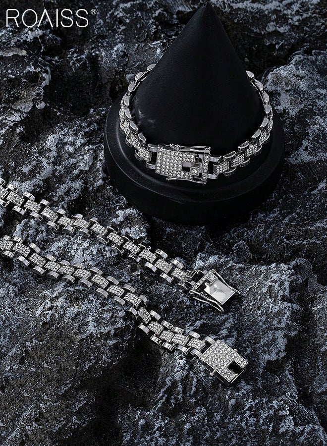 رويس طقم سوار وقلادة من قطعتين مرصعة بأحجار الراين، قلادة هيب هوب هندسية أنيقة مع سوار ساعة كوبي، مناسب للرجال للارتداء اليومي باللون الفضي - Image 3