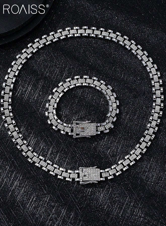 رويس طقم سوار وقلادة من قطعتين مرصعة بأحجار الراين، قلادة هيب هوب هندسية أنيقة مع سوار ساعة كوبي، مناسب للرجال للارتداء اليومي باللون الفضي - Image 4