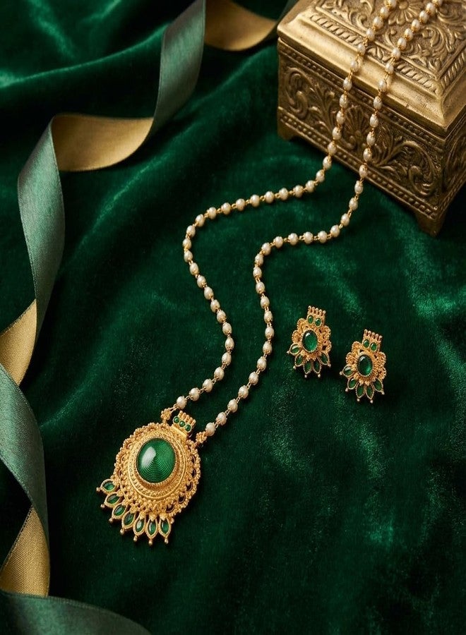 طقم عقد لؤلؤ تقليدي مطلي بالذهب من AAIKU بطول 30 بوصة | قلادة خضراء عتيقة غير لامعة مع أقراط مرصعة متناسقة للنساء والفتيات، مجوهرات أنيقة - Image 5