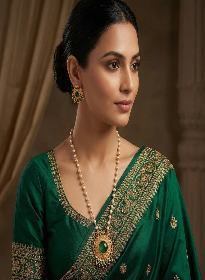 طقم عقد لؤلؤ تقليدي مطلي بالذهب من AAIKU بطول 30 بوصة | قلادة خضراء عتيقة غير لامعة مع أقراط مرصعة متناسقة للنساء والفتيات، مجوهرات أنيقة - Image 2