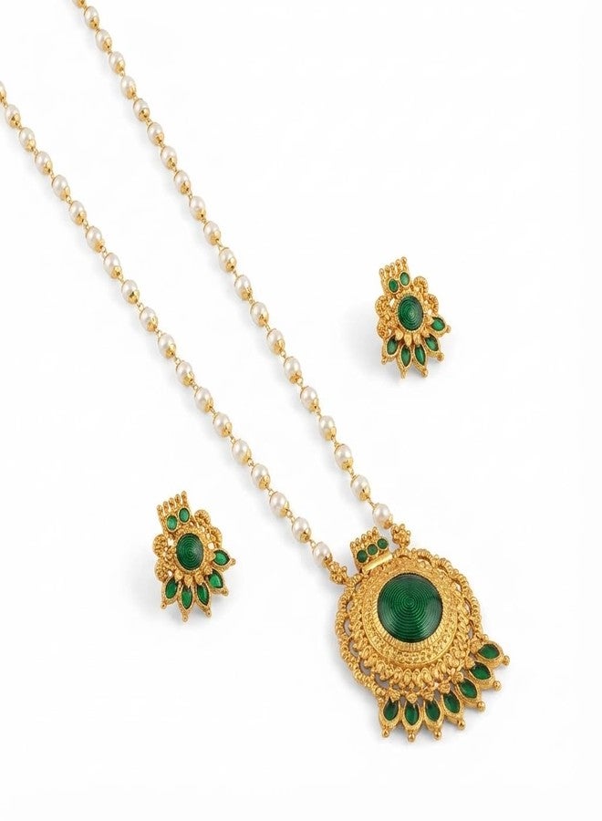 طقم عقد لؤلؤ تقليدي مطلي بالذهب من AAIKU بطول 30 بوصة | قلادة خضراء عتيقة غير لامعة مع أقراط مرصعة متناسقة للنساء والفتيات، مجوهرات أنيقة - Image 1