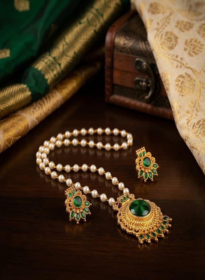 طقم عقد لؤلؤ تقليدي مطلي بالذهب من AAIKU بطول 30 بوصة | قلادة خضراء عتيقة غير لامعة مع أقراط مرصعة متناسقة للنساء والفتيات، مجوهرات أنيقة - Image 4
