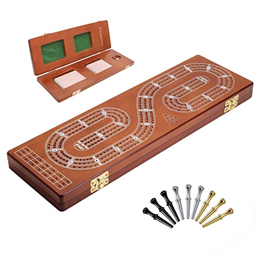 plusvivo Cribbage Board Game Set 3 Tracks Plusvivo Solid Oak Wood Cribbage Boards Unique with 9 Metal Pegs  2 Storage Area 155 X 49 X 12 in Travel Portable Cribbage Game Sets for Family - Image 1