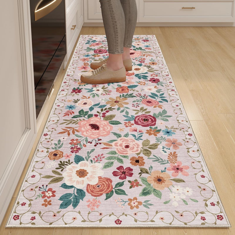 DUKINO 2x6 Runner Rug for Hallway, Washable Kitchen Runner Rug with Non Slip Backing, Low Pile Soft Boho Floral Runner for Kitchen, Hallway, Entryway, Laundry, Bedroom, Beige - Image 1