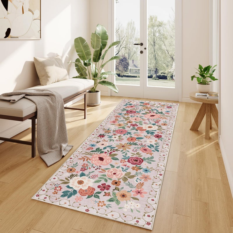 DUKINO 2x6 Runner Rug for Hallway, Washable Kitchen Runner Rug with Non Slip Backing, Low Pile Soft Boho Floral Runner for Kitchen, Hallway, Entryway, Laundry, Bedroom, Beige - Image 3