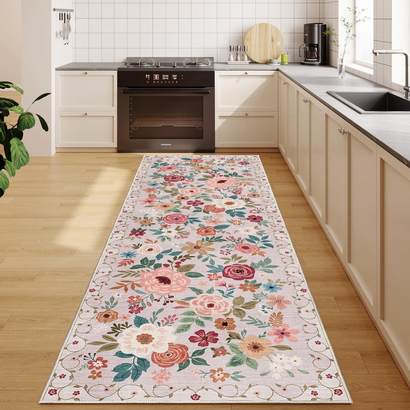 DUKINO 2x6 Runner Rug for Hallway, Washable Kitchen Runner Rug with Non Slip Backing, Low Pile Soft Boho Floral Runner for Kitchen, Hallway, Entryway, Laundry, Bedroom, Beige - Image 5