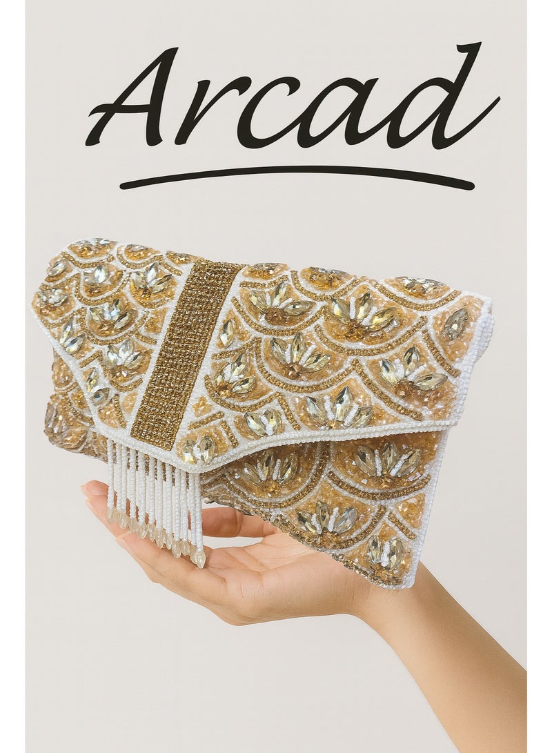 أركاد "Arcad حقيبة كلاتش ذهبية للنساء – حقيبة سهرة فاخرة مطرزة بالخرز والأحجار للأعراس والحفلات" - Image 2