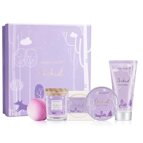 BODY & EARTH Spa Gifts for Women, Body & Earth 5 Pcs Gifts for Women Orchid Gift Sets for Women, Bath and Body Gifts Set, Self Care Bath Gifts for Women, Mothers Day Gifts