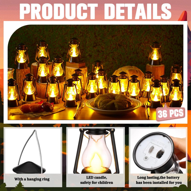Ferraycle 36 Pcs Mini Lantern for Centerpiece Western Wedding Decor 4 Inch Camping Decorative with LED Candle Vintage Hanging Lantern Ornaments Bulk for Cowboy Cowgirl Xmas Party Decoration (Black) - Image 2