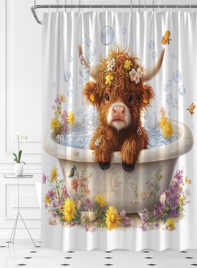 YSATNSFT Funny Highland Cow Shower Curtain Cute Calf in Bathtub Western Cattle Bubble Rustic Animal Spring Floral Fabric Bathroom Decor Set with Hooks,(70" WX70 H) - Image 2