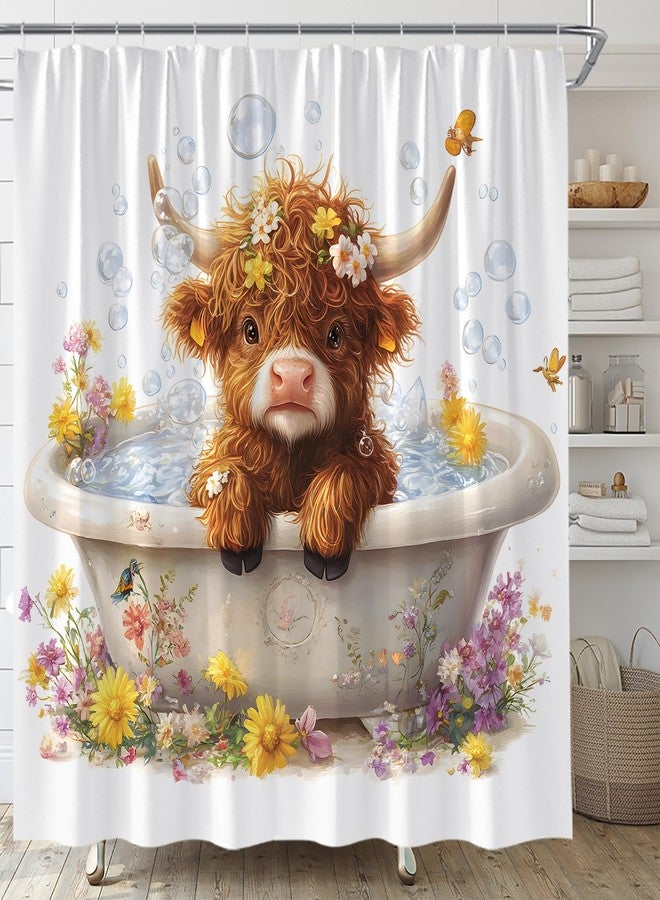 YSATNSFT Funny Highland Cow Shower Curtain Cute Calf in Bathtub Western Cattle Bubble Rustic Animal Spring Floral Fabric Bathroom Decor Set with Hooks,(70" WX70 H) - Image 3