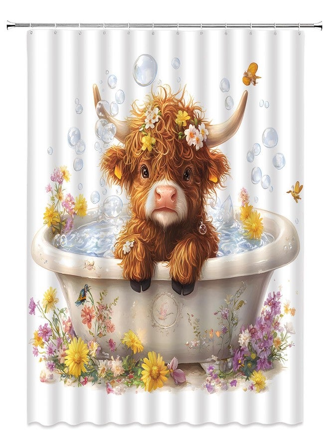 YSATNSFT Funny Highland Cow Shower Curtain Cute Calf in Bathtub Western Cattle Bubble Rustic Animal Spring Floral Fabric Bathroom Decor Set with Hooks,(70" WX70 H) - Image 1