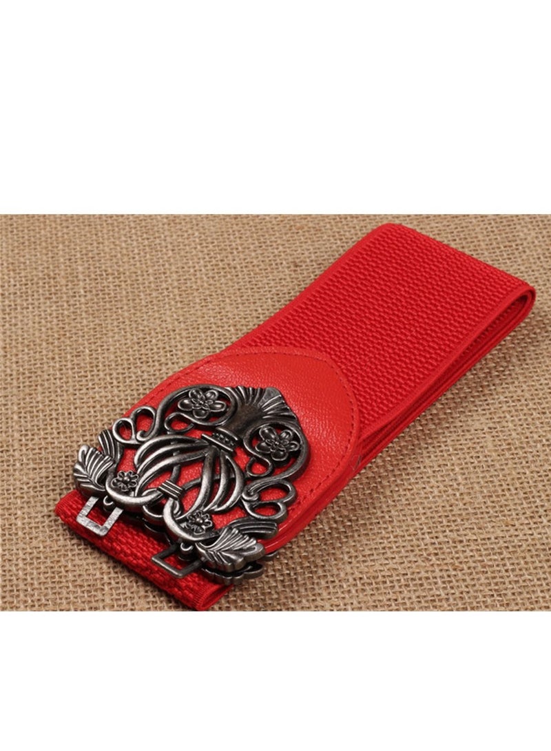 Loquat 65cm Korean Version Of The Imperial Palace Carved Wide Belt For Women With Elastic Red 