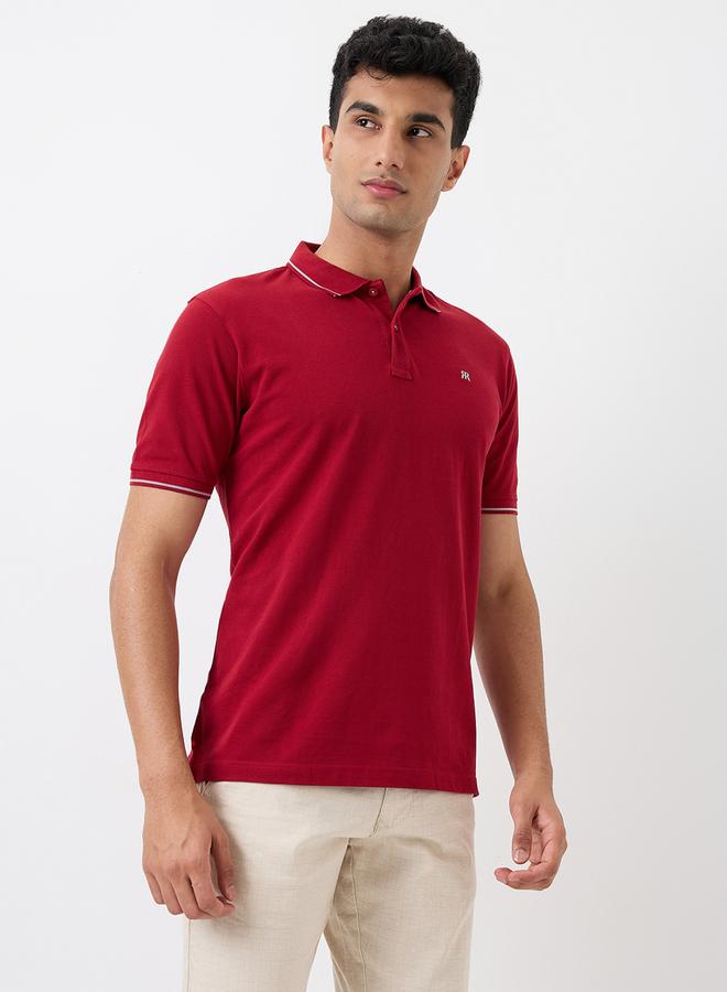 Raymond Maroon Solid Cotton Polo - Image 3