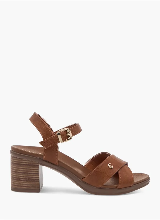 لو كونفورت Women Textured Strap Sandals with Block Heels and Buckle Closure