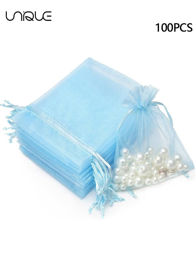 Unique 100Pcs Package 8 x 10CM Sheer Drawstring Organza Jewelry Pouches Wedding Party Favor Gift Bags, Little Mesh Gift Pouches Mini Candy Bags for Small Presents Jewelry Earrings（Blue） - Image 1