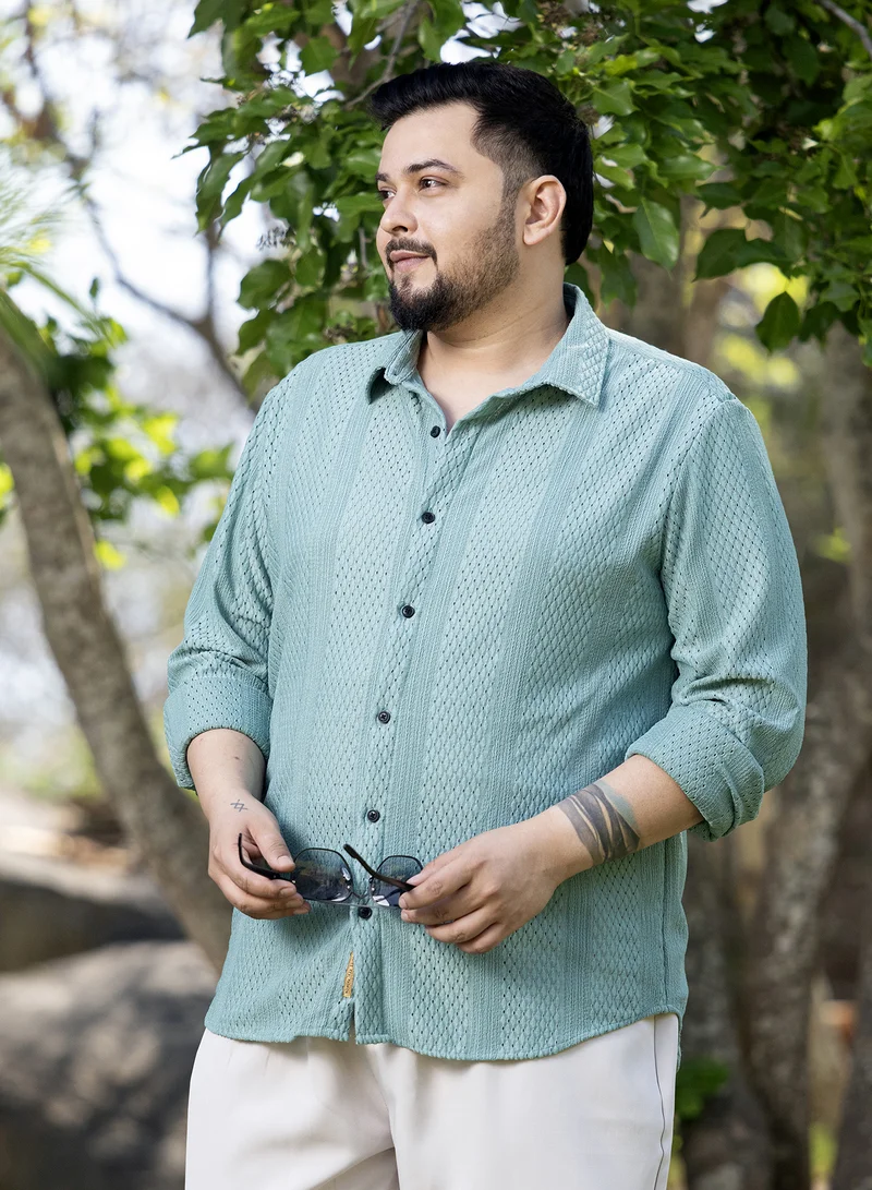 انستافاب بلس Instafab Plus Men's Seagreen Marquise-Panel Tactile Shirt For Casual Wear | Spread Collar | Long Cuffed Sleeves | Button Closure | Plus Size Shirt Crafted With Comfort Fit For Everyday Wear