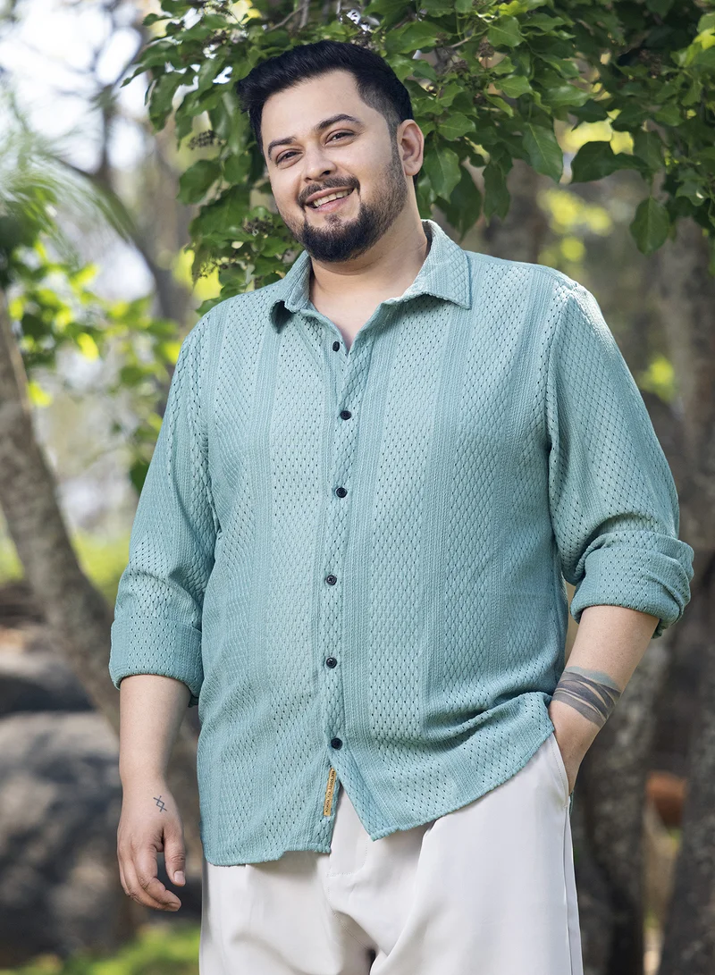 انستافاب بلس Instafab Plus Men's Seagreen Marquise-Panel Tactile Shirt For Casual Wear | Spread Collar | Long Cuffed Sleeves | Button Closure | Plus Size Shirt Crafted With Comfort Fit For Everyday Wear