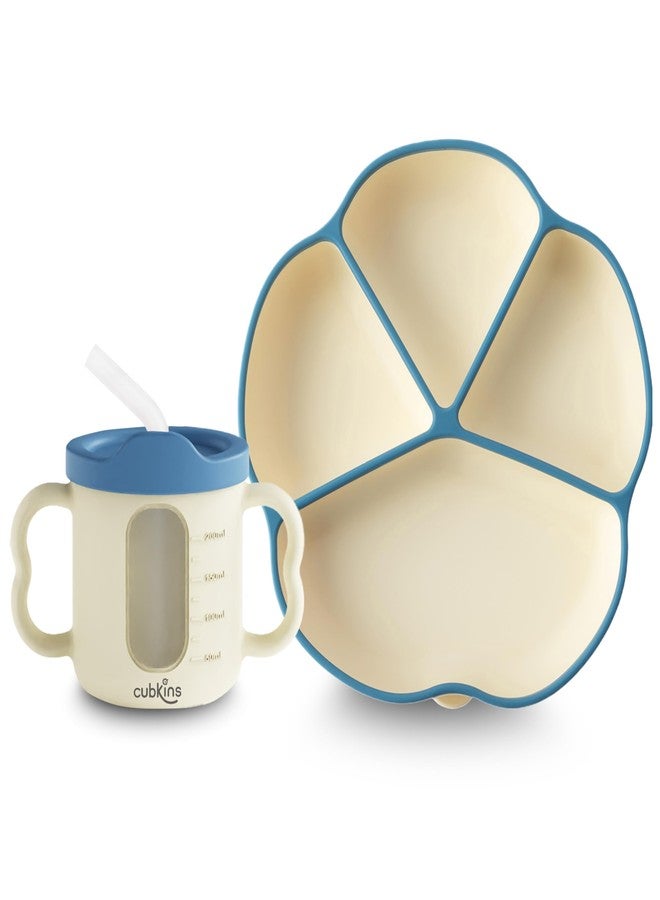 CUBKINS Silicone Suction Feeding Plate with Sippy Cup for Babies, Infants | Feeding Set for Kids, Toddlers | Washable & Reusable, Non-Messy Easy to Clean (Blue Olive) - Image 1