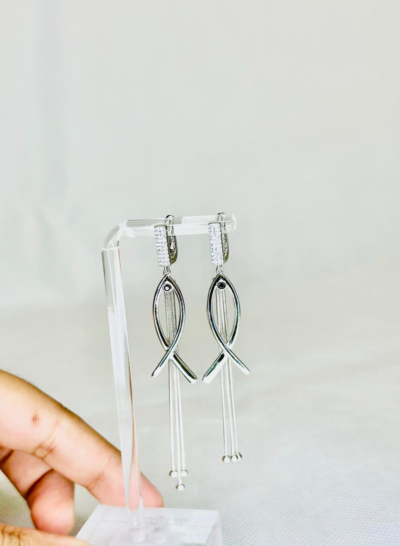Sterling Silver Long Earrings with Zircon Stone 7.5 cm Elegant Drop Earrings for Women - Image 2