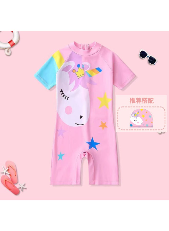 New Girls' Swimsuit Cartoon Short-sleeved Children's Swimming Suit 3-year-old 6-year-old Men's Swimsuit Suit Swimming Cap