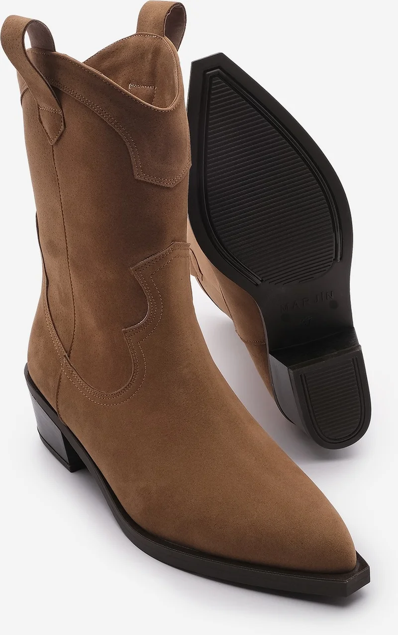 مارجين Margin Women's Pointed Toe Stitch Detail Western Boots Voleta